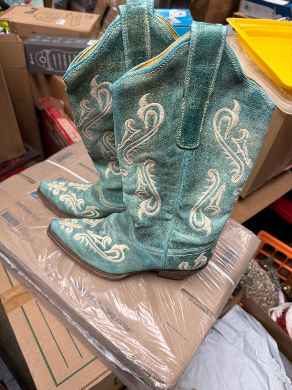 Corral Turquoise Embroidered Suede Heeled Cowboy Boots - Women